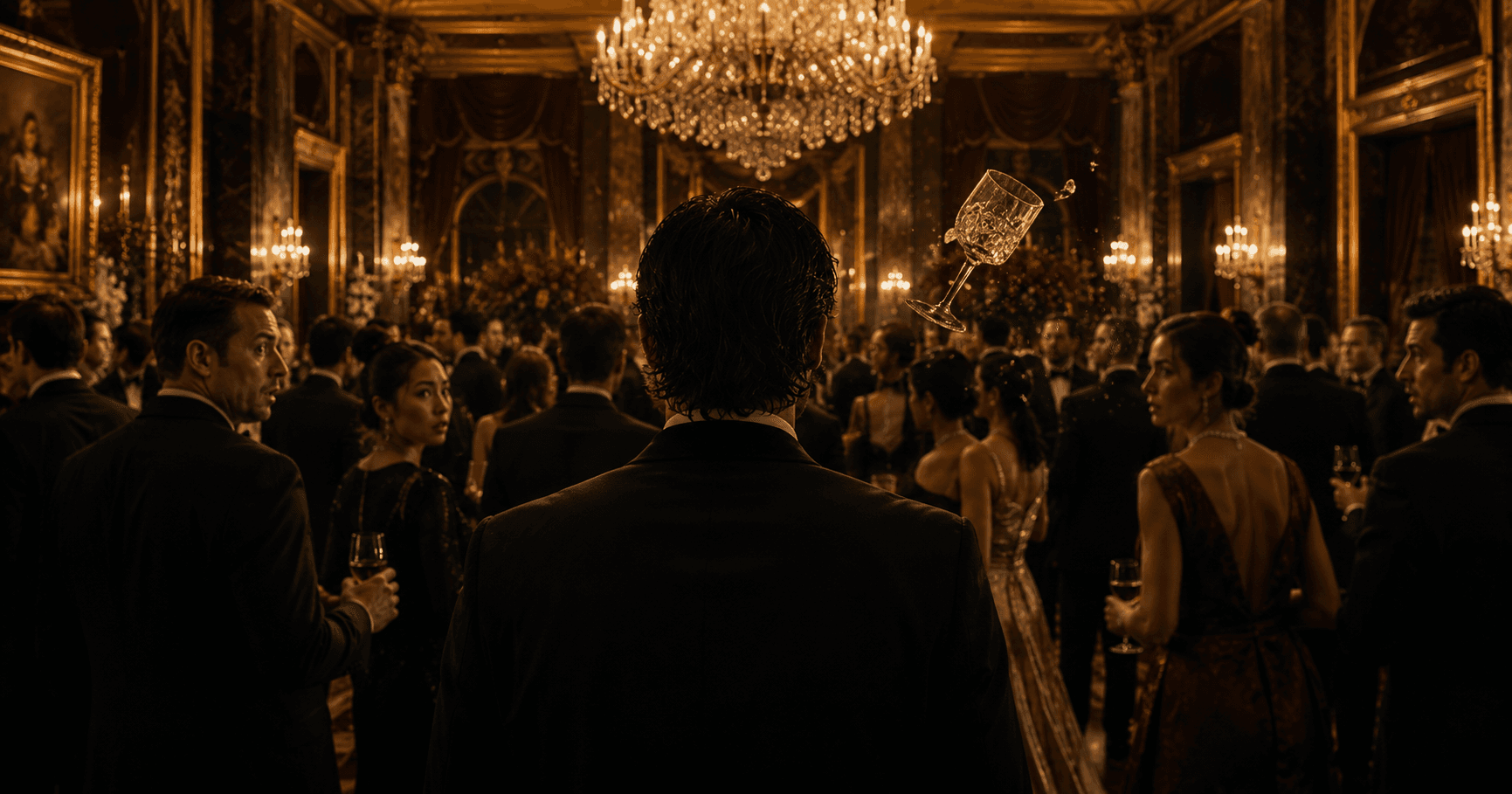 A dinner-jacketed figure seen from behind in a crowded ballroom, a thrown glass frozen in the air beside him as heads begin to turn.