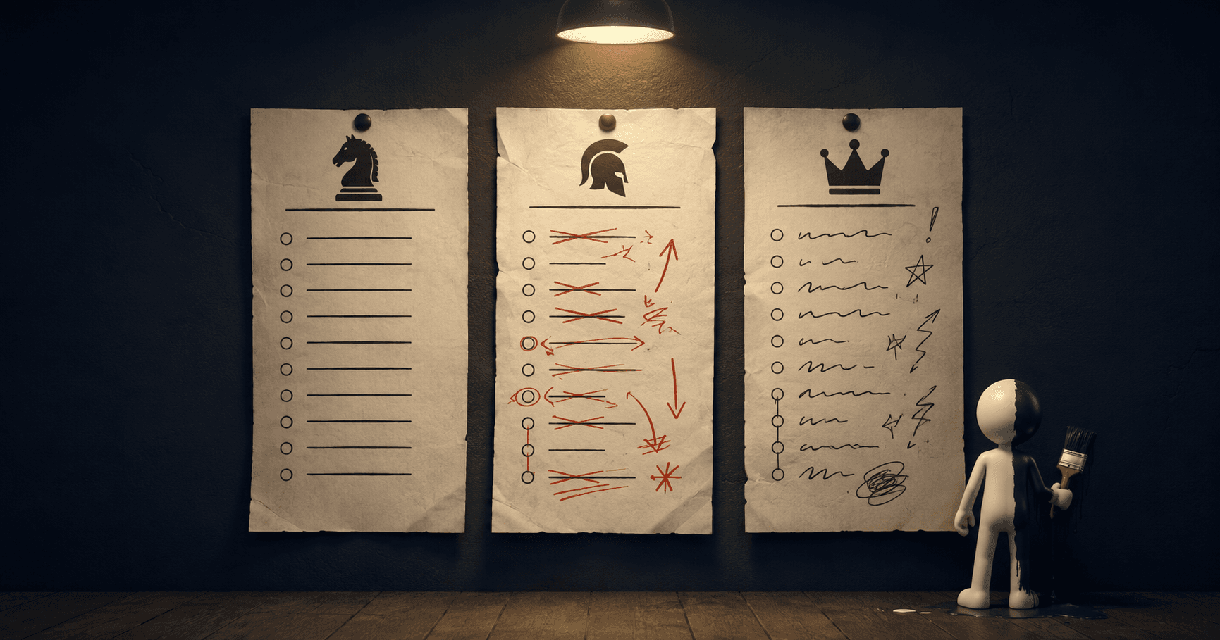 Three stacked ranking lists with different games at the top of each, and a small hand-drawn figure standing beside all of them.