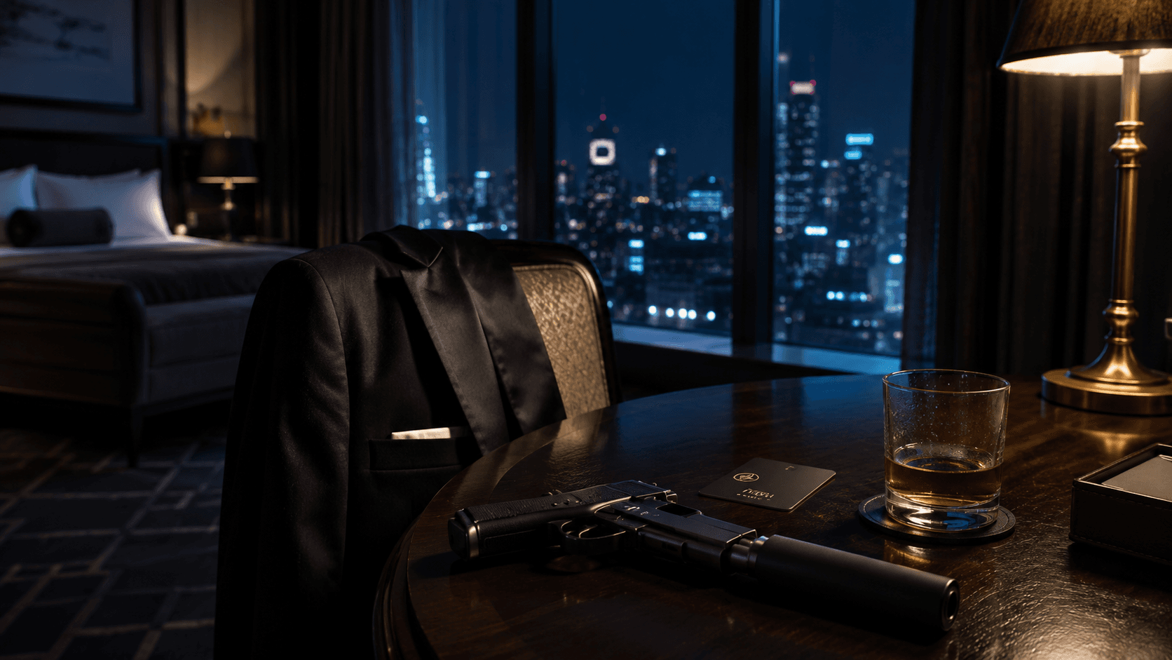 A tailored jacket draped over a chair in a hotel suite at night, a silenced pistol and a room key on the table beside it.