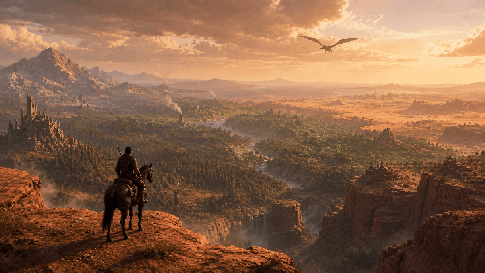 A lone rider on horseback at the edge of a canyon, a dragon circling far above a landscape that shifts from forest to desert.