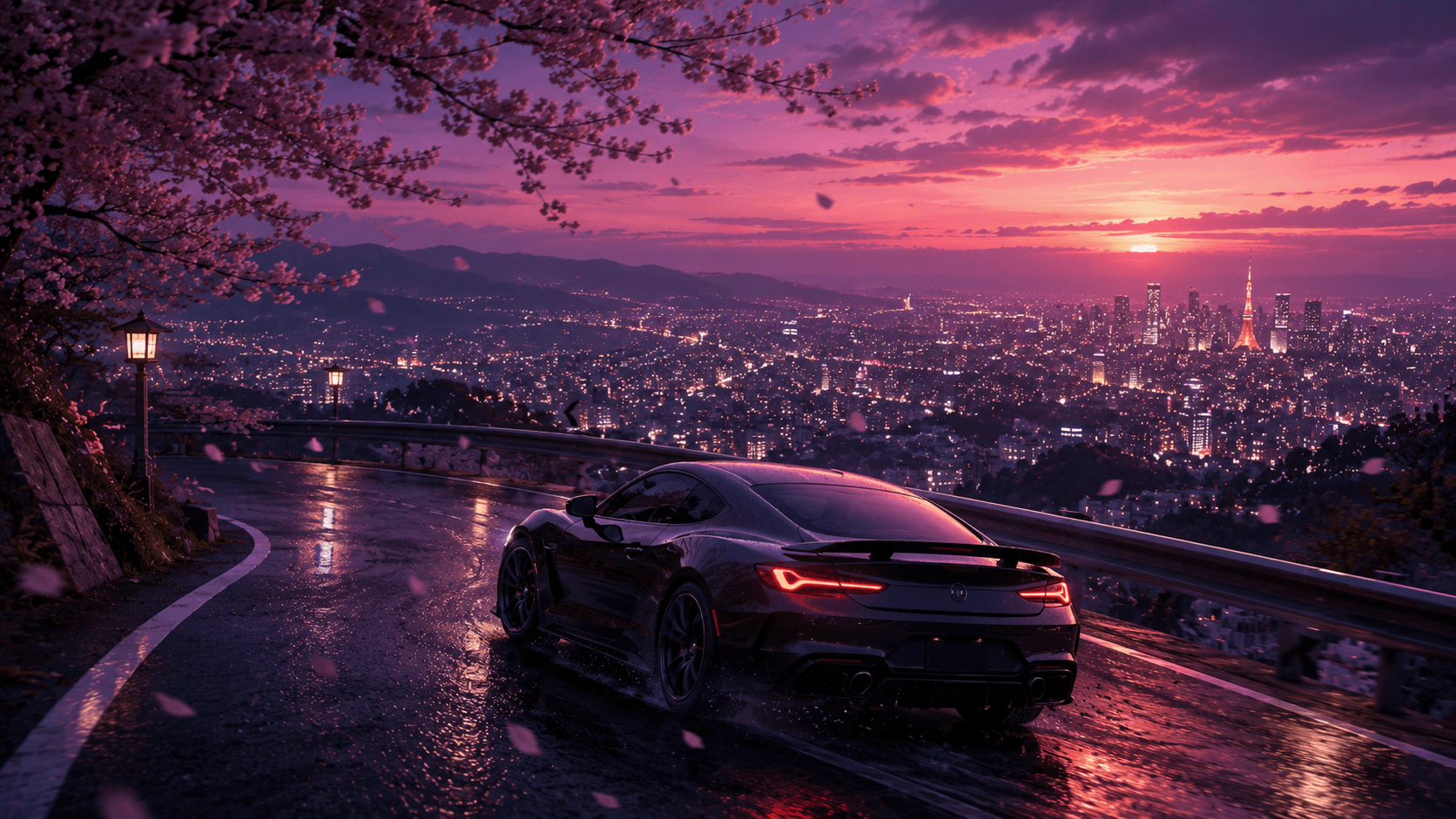 A low sports car on a mountain road at dusk with Tokyo's lights spread out far below and cherry blossom on the roadside.