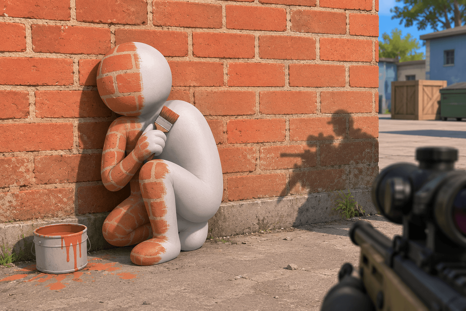 A plain white stick figure crouched against a brick wall, half of it clumsily painted to match the bricks and half still blank.
