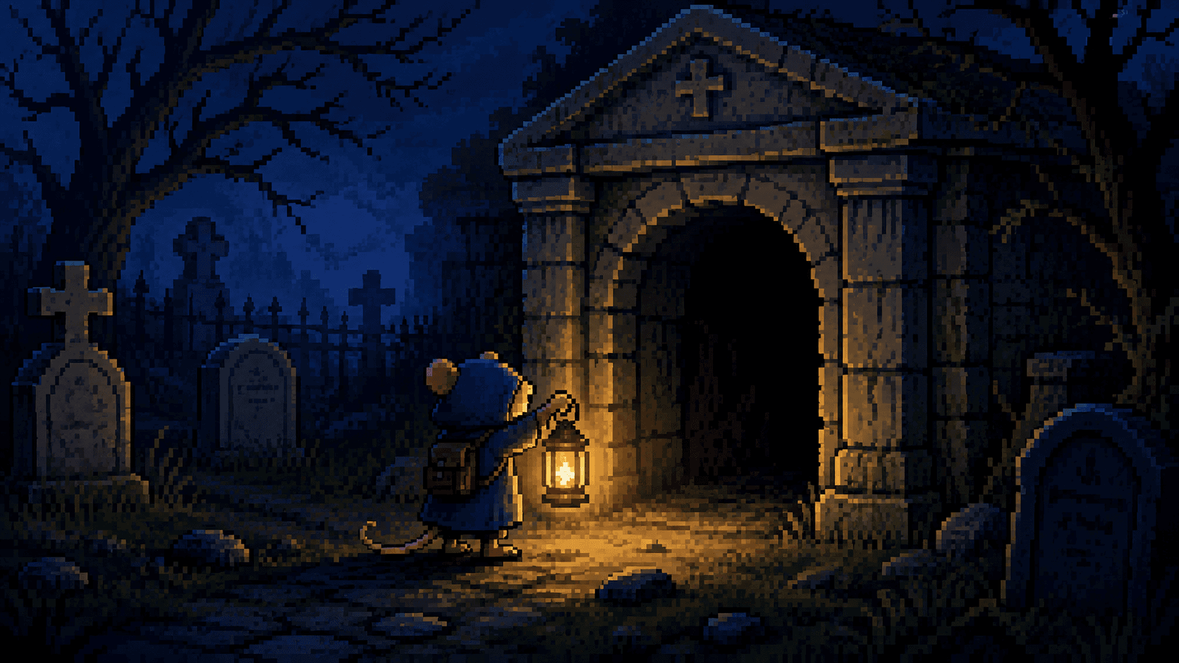 A small hooded rat holding a lantern at the mouth of a crypt, drawn in chunky retro pixels with a modern lighting glow.