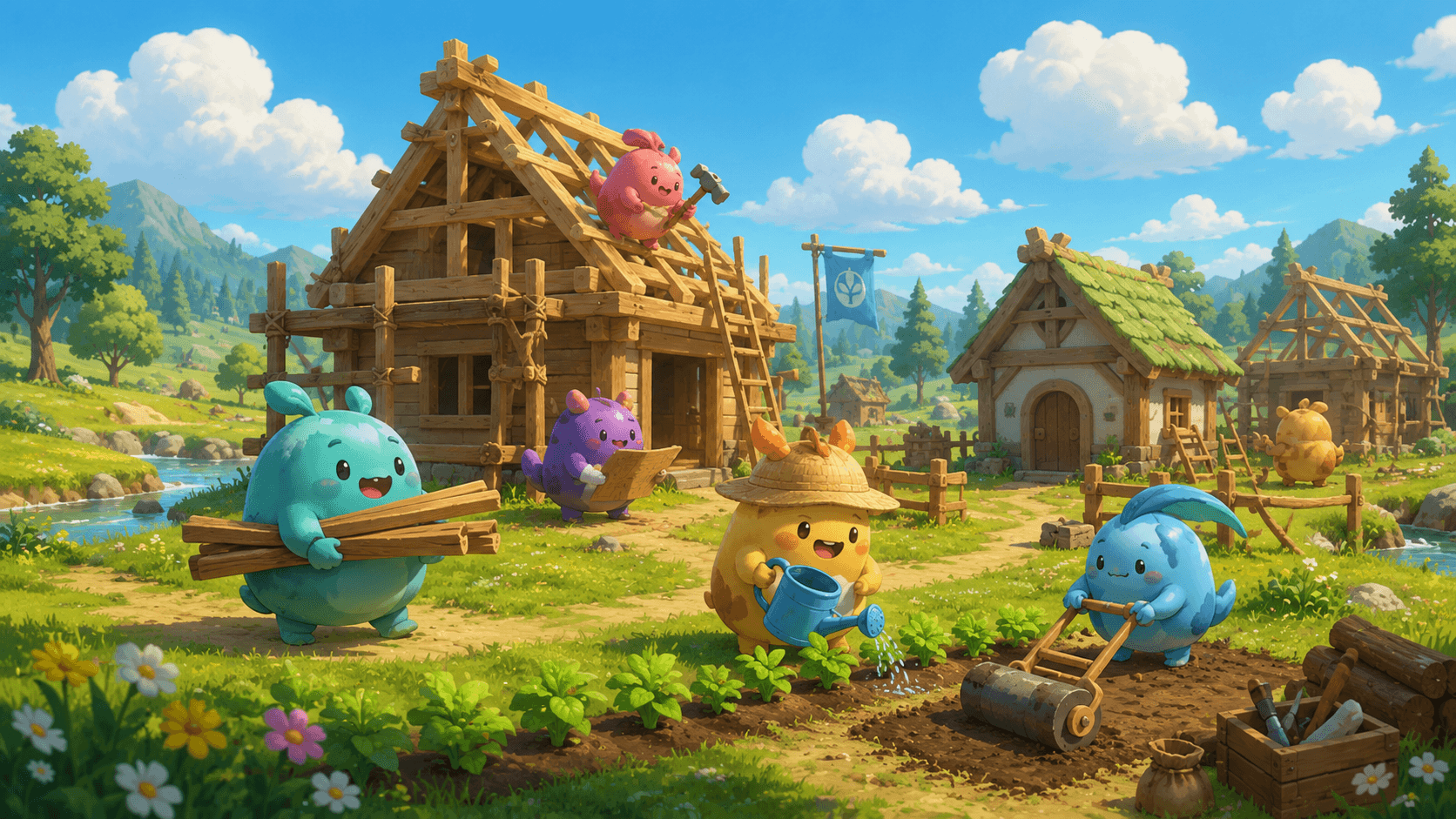 A sunlit meadow village of small hand-built houses, with cheerful creature silhouettes helping carry planks and water buckets.
