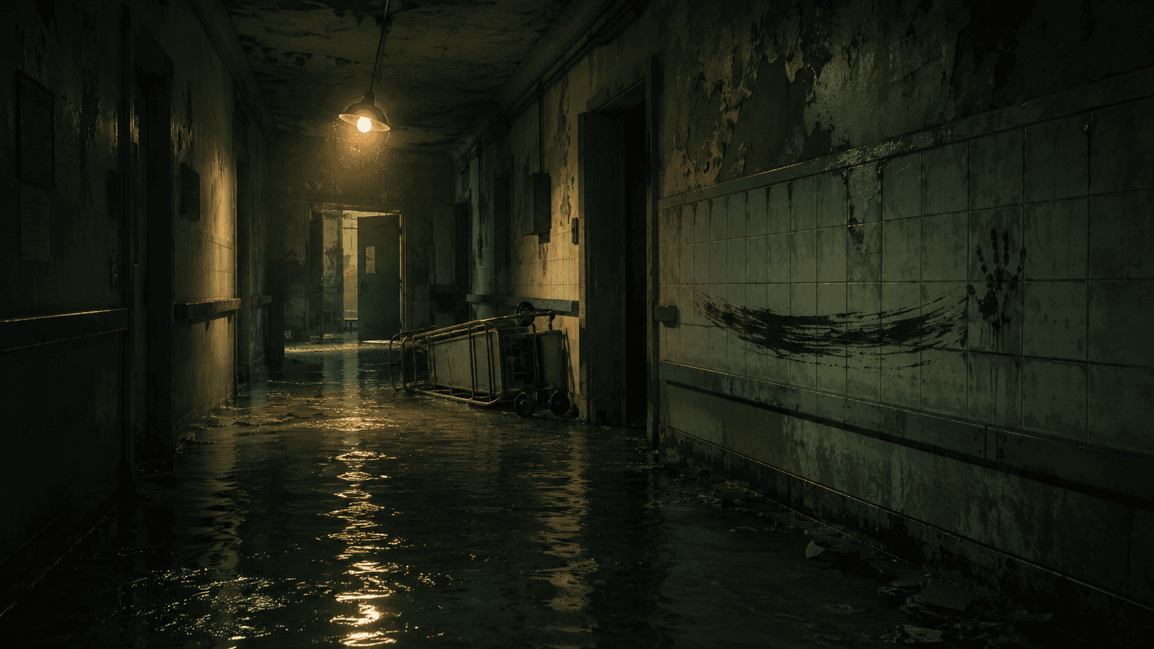 A flooded hospital corridor lit by a single swinging lamp, with a wet handprint dragged along the tiled wall.