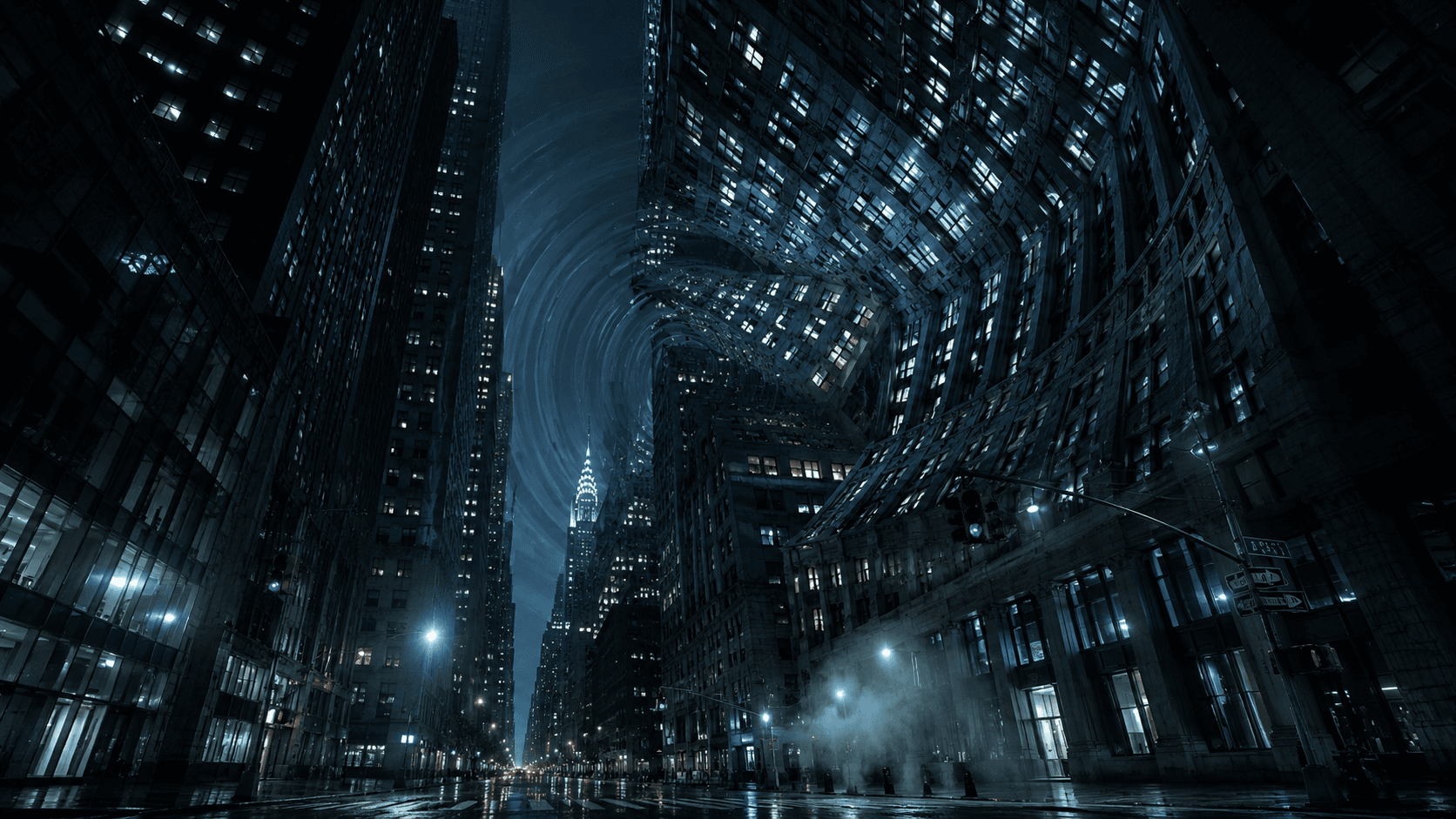 A Manhattan street at night where the buildings above fold back into themselves, with faint rings rippling outward through the air.