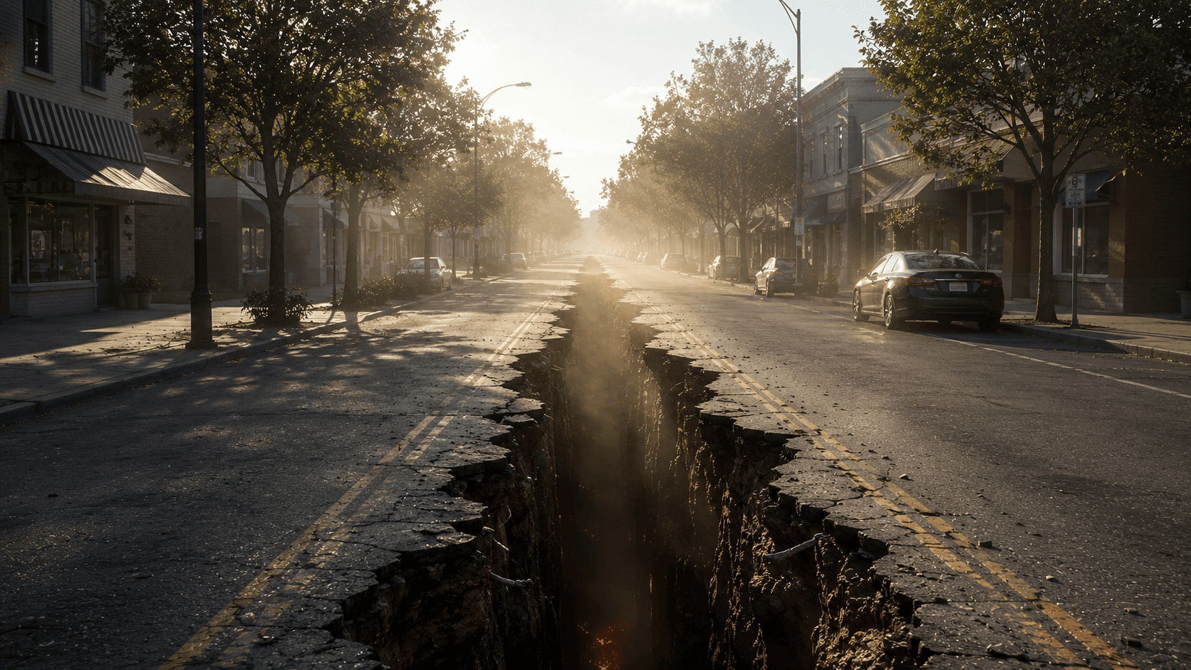 An ordinary suburban street on a hazy morning, split down the middle by a freshly opened fissure.