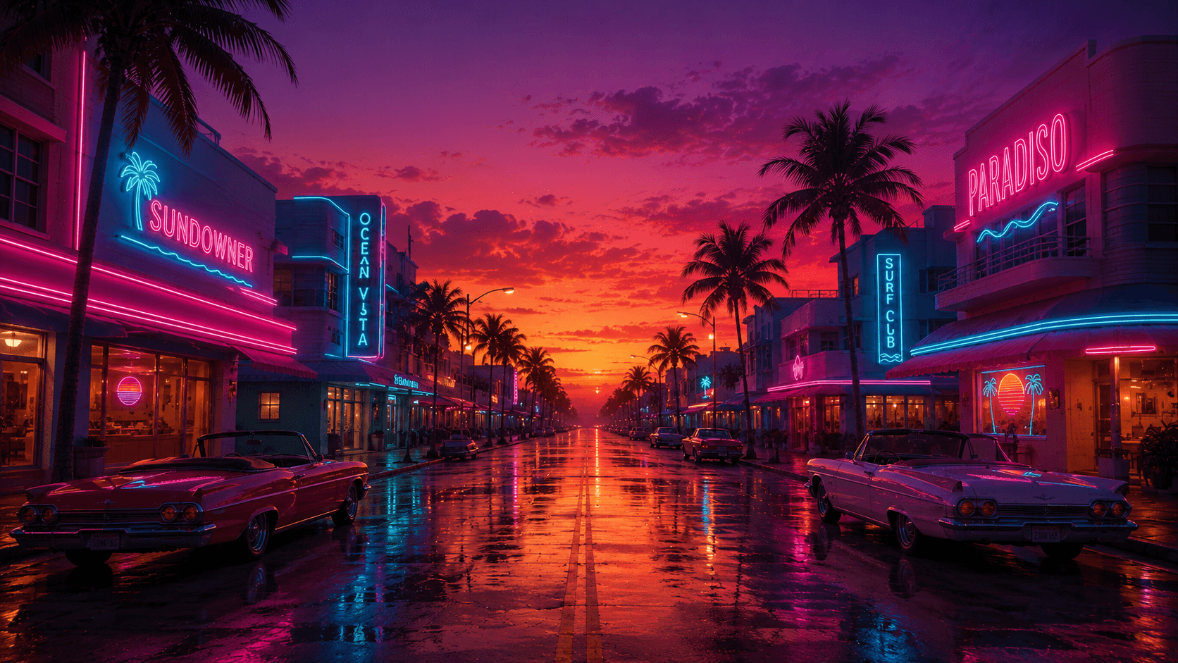 A 1980s Florida beachfront strip at sunset, neon signage and palm silhouettes lining an empty wet road.