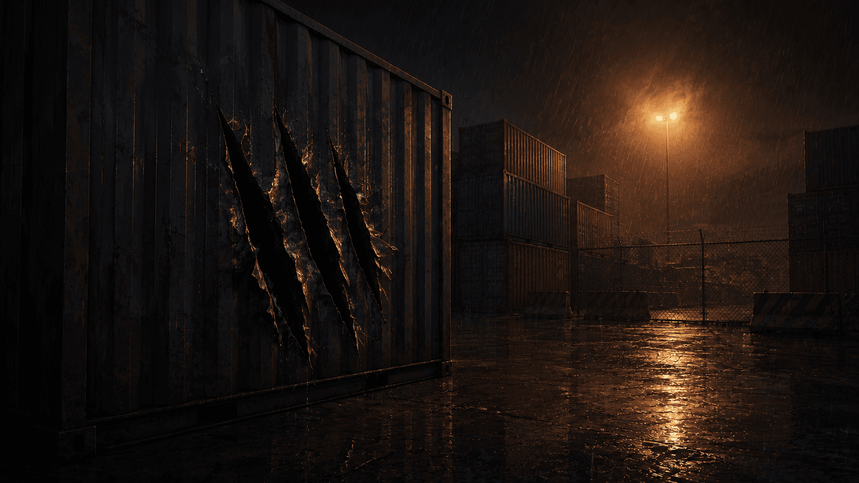 A rain-soaked shipping yard at night, with three deep gouges torn through a steel container under a failing floodlight.