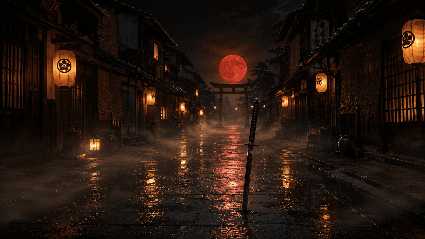 A narrow Edo-period Kyoto street at night, mist at ground level, a torii gate silhouetted against a large red moon.