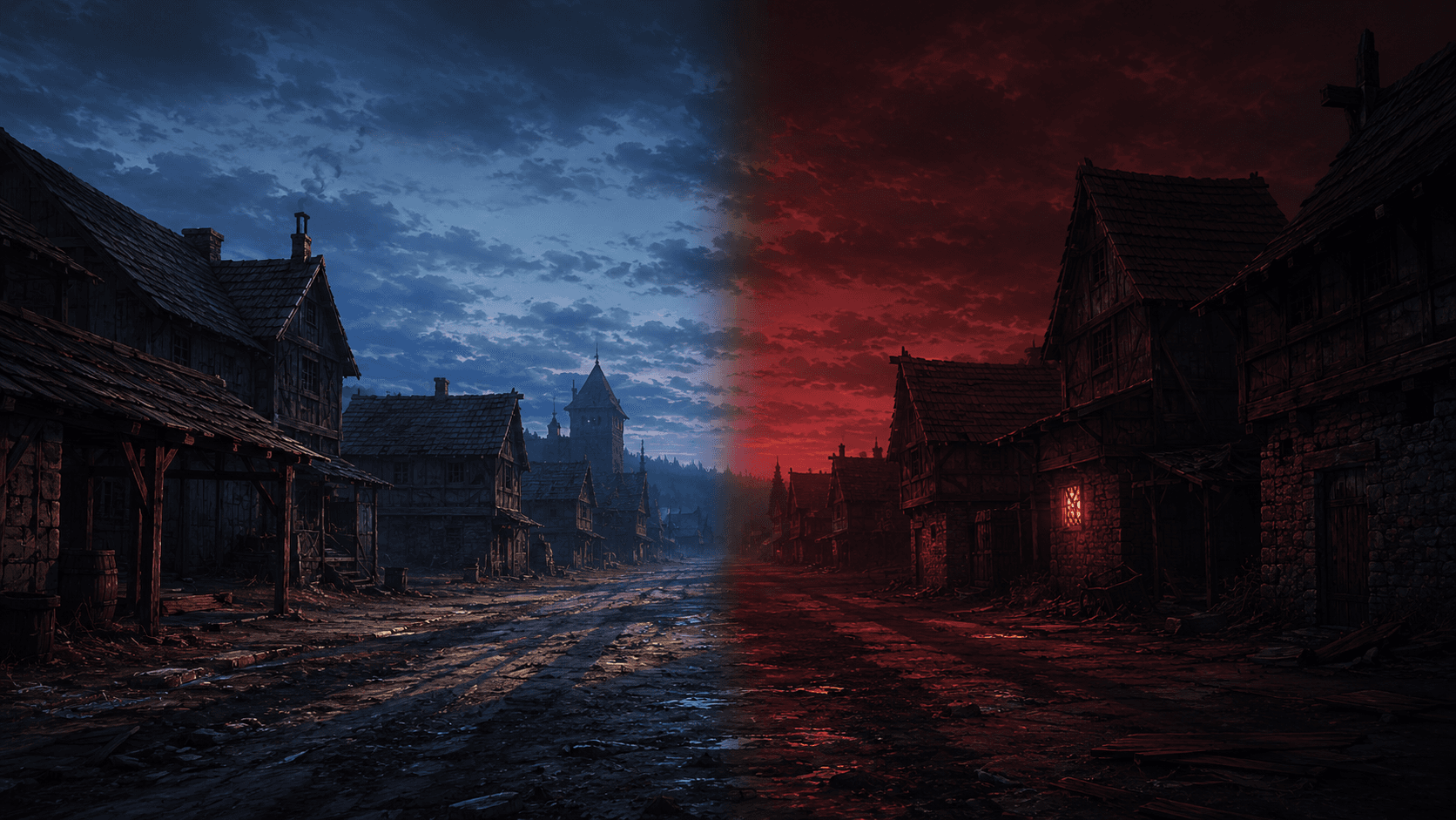 An empty medieval village street at dusk, the sky cold blue on one side and deep crimson on the other.