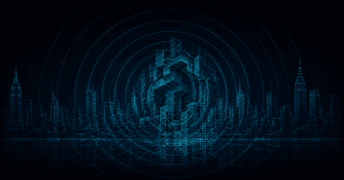 A wireframe Manhattan skyline where the geometry folds impossibly back on itself, with concentric rings spreading outward from the distortion.