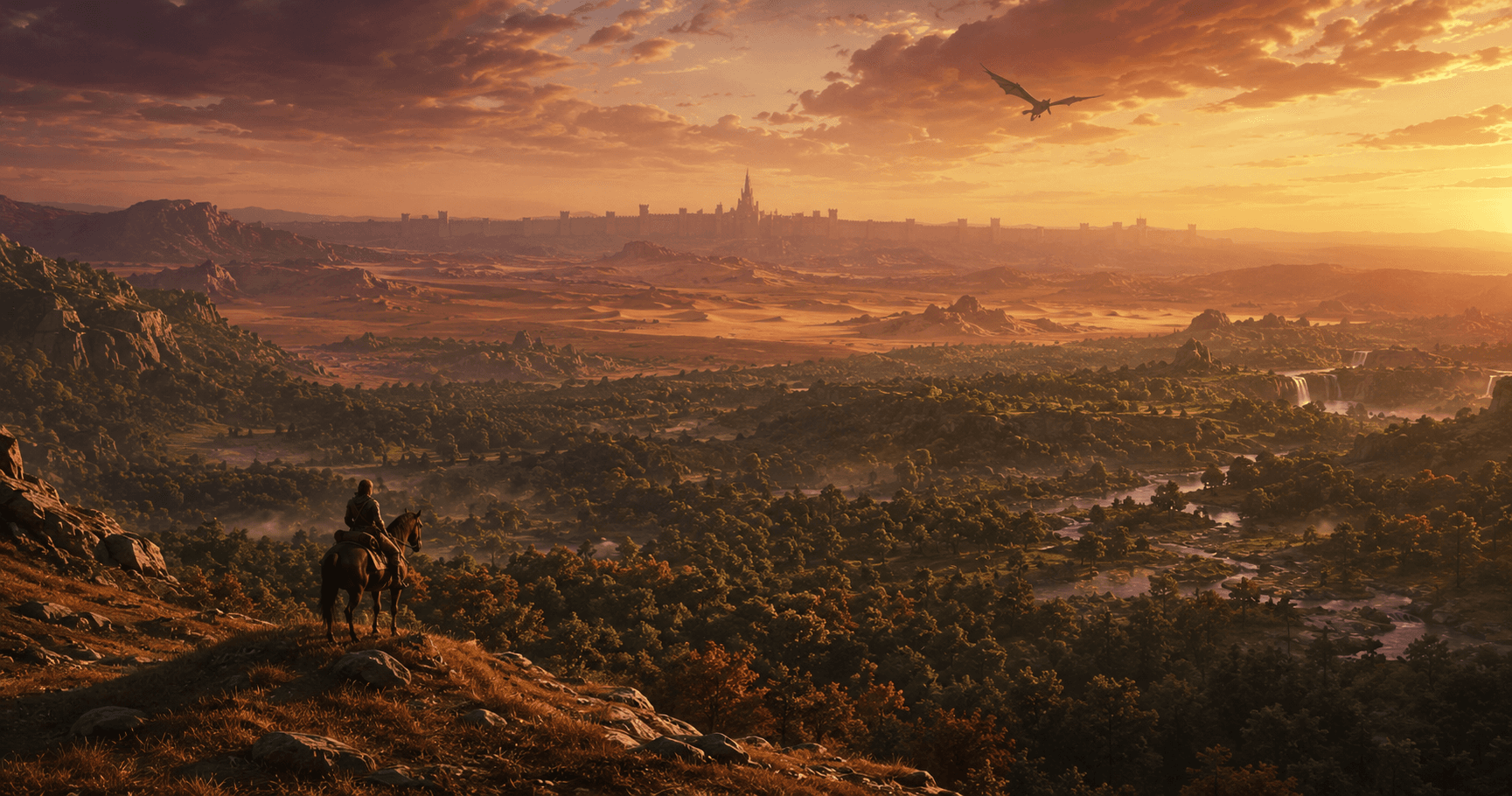 A lone rider on a ridge looking out over an enormous landscape of forest, desert and distant castle walls, with a dragon circling far above.