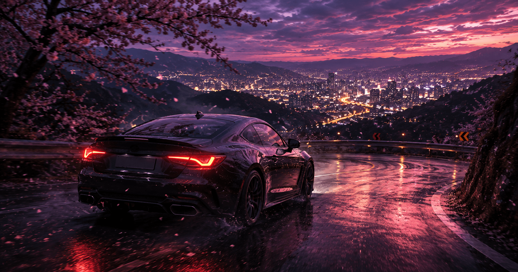 A low sports car mid-corner on a wet mountain switchback at dusk, city lights spread across the valley far below and cherry blossom framing the road.