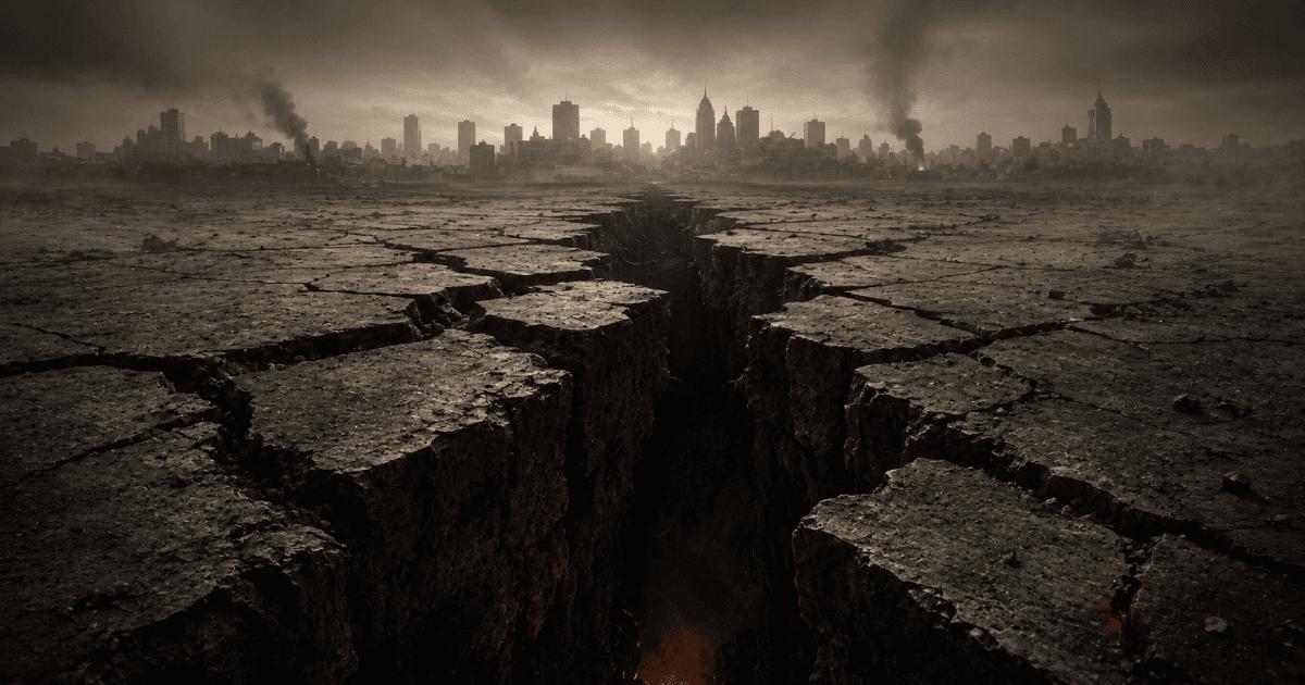 A cracked ground plane splitting open in the foreground with an intact city skyline behind it, everything hazed with dust.