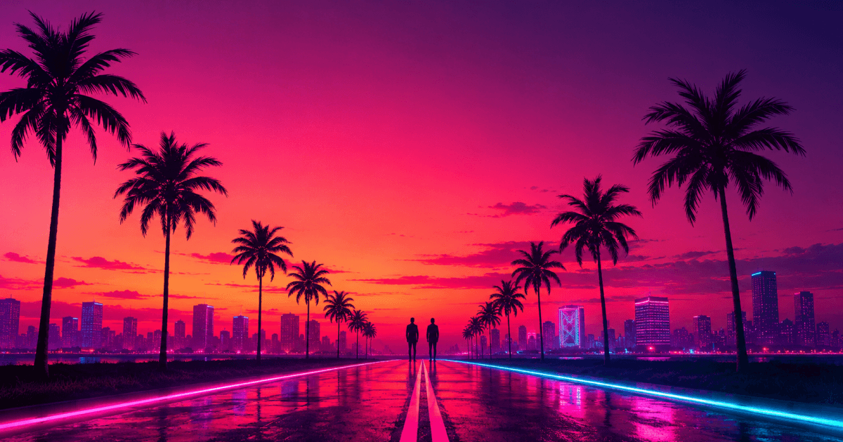 A neon Florida sunset over a straight road lined with palm silhouettes, two small figures standing at the vanishing point.
