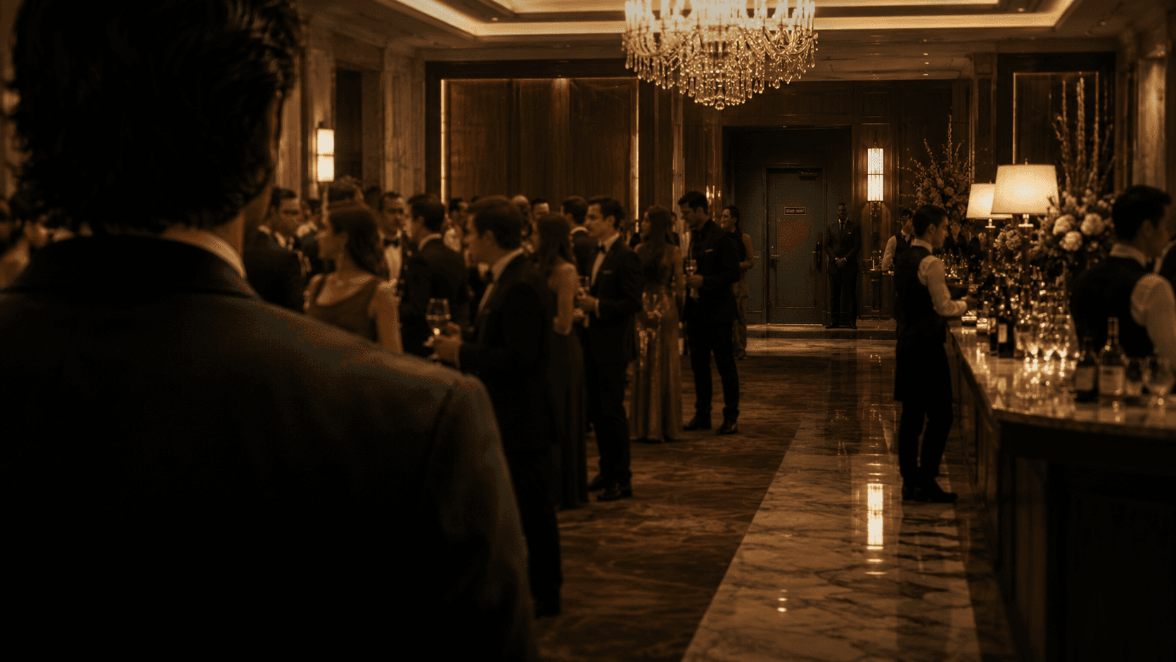 A crowded ballroom seen over a dinner-jacketed shoulder, guests in conversation, a guarded door at the far end of the room.