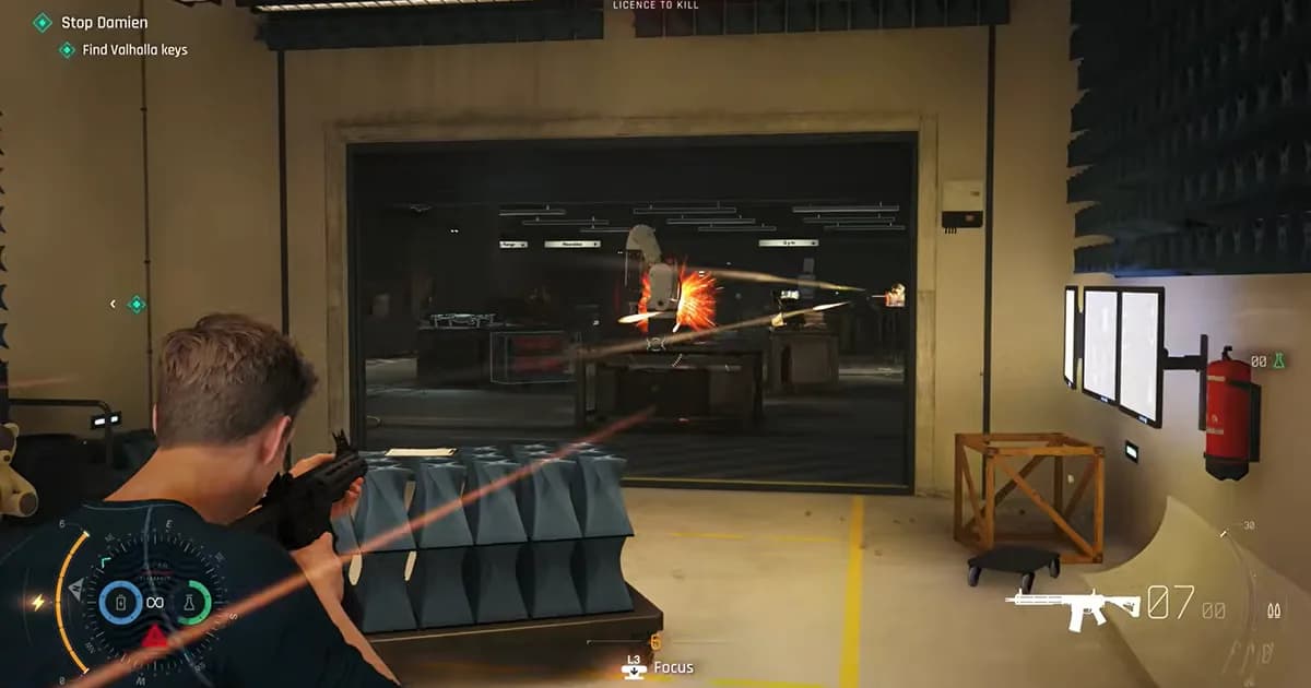 A third-person view of Bond firing an assault rifle into a workshop while enemy gunfire returns from across the room.