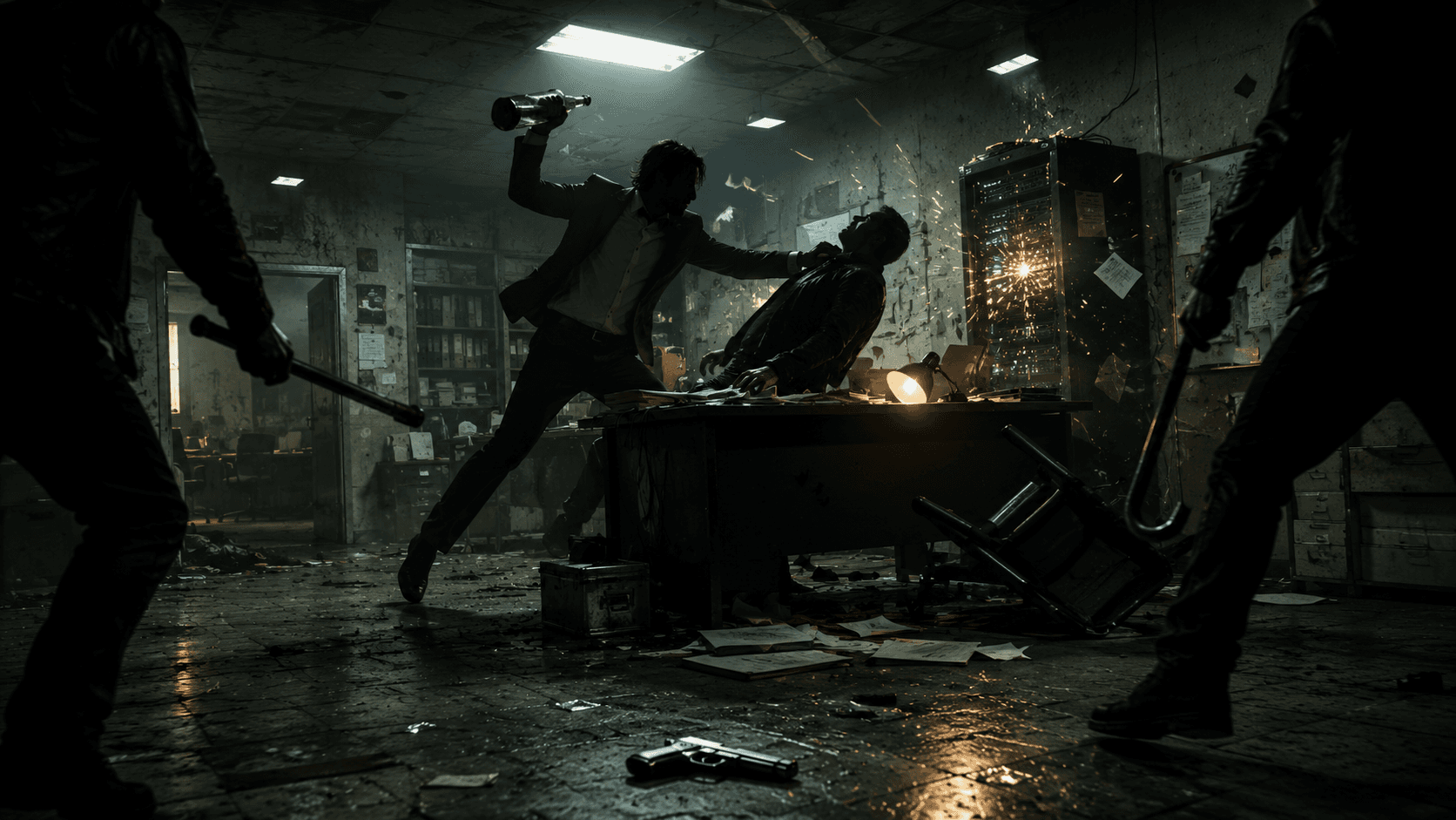 A wrecked back office mid-brawl, with one figure shoved across a desk, a bottle thrown mid-air, papers falling and a server rack sparking against the wall.