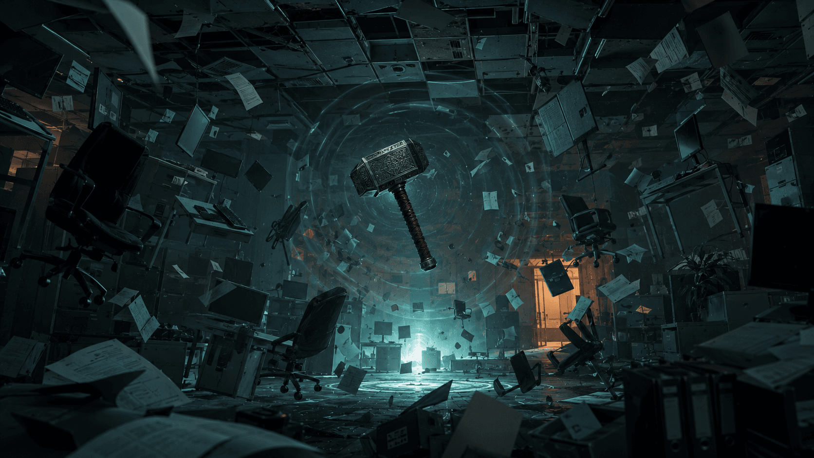 A wrecked office interior with desks, chairs and loose paper suspended motionless in mid-air, orbiting a heavy hammer at the centre.