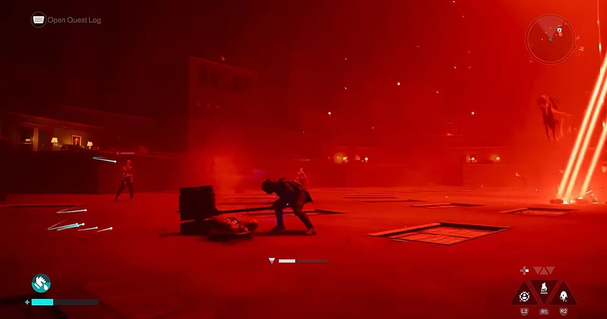 A character battles hostile enemies inside a large arena illuminated by an intense red supernatural glow.