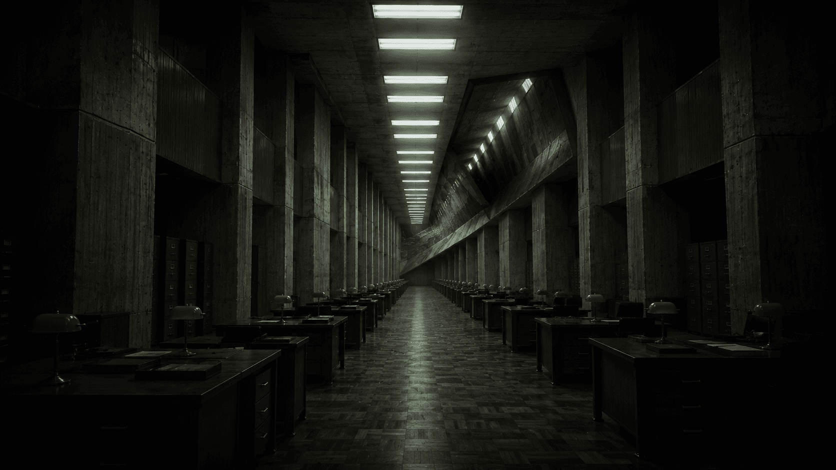 An endless brutalist office corridor lit by cold fluorescent strips, where the walls fold into an impossible angle at the far end.
