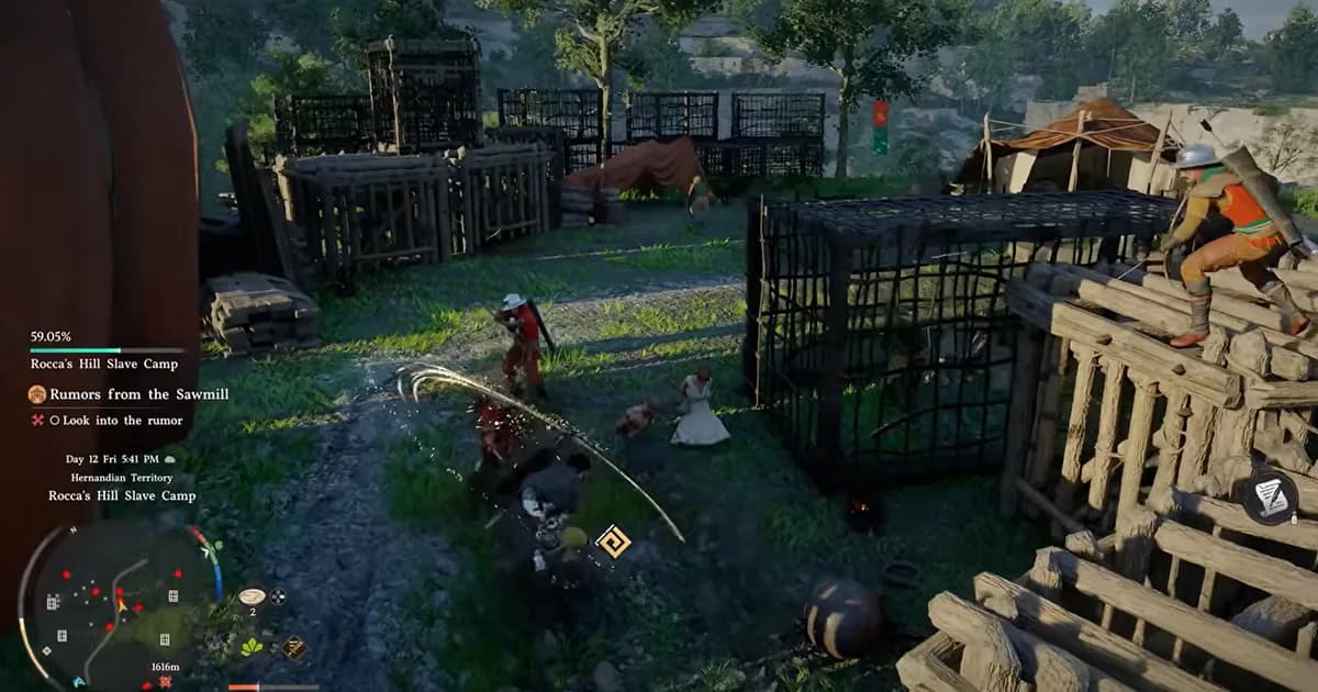 A warrior fights several enemies inside a fortified camp filled with wooden cages and tents.
