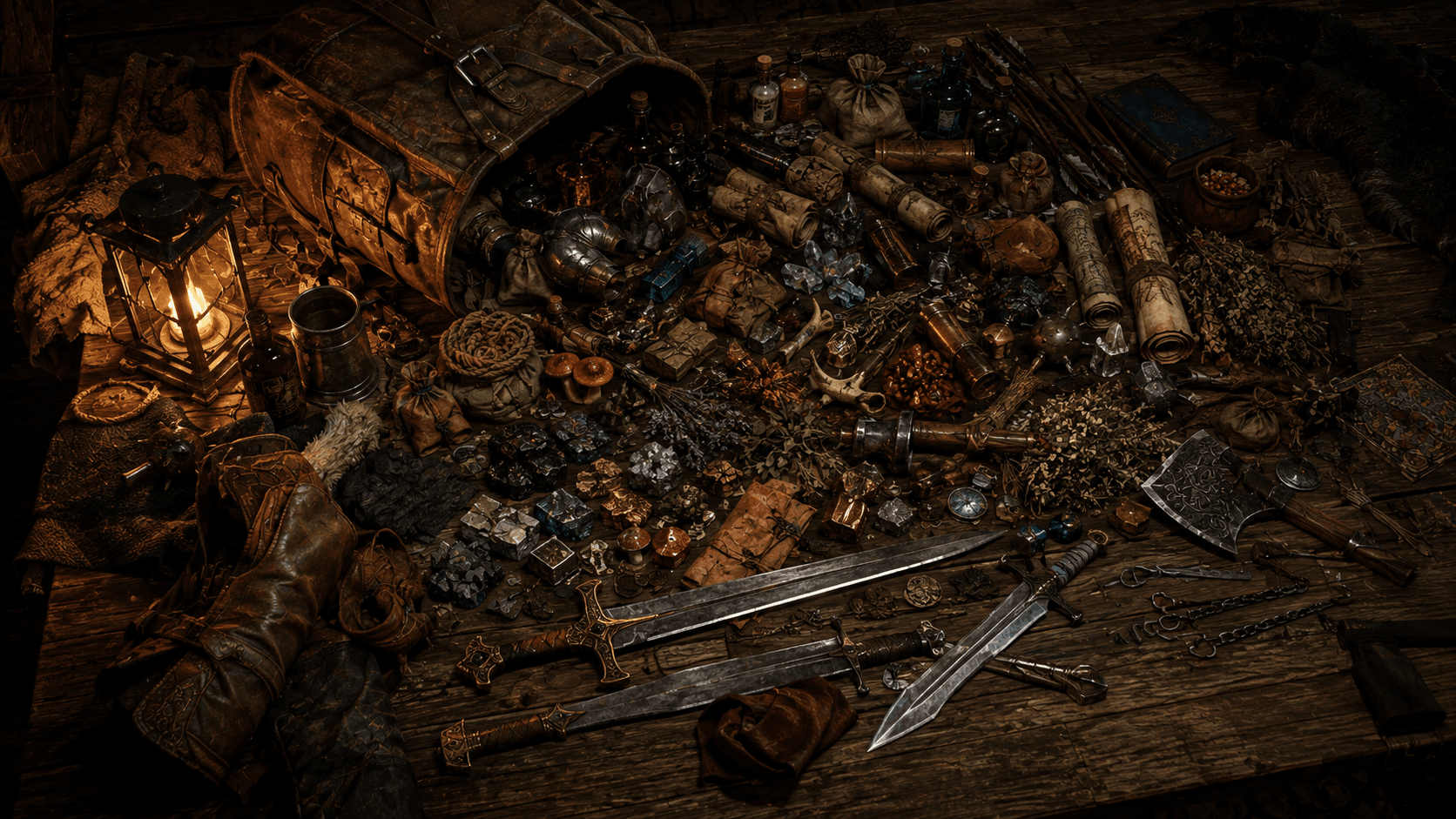 An overstuffed fantasy backpack spilling crafting materials, food, armour pieces and trinkets across a camp table by lantern light.