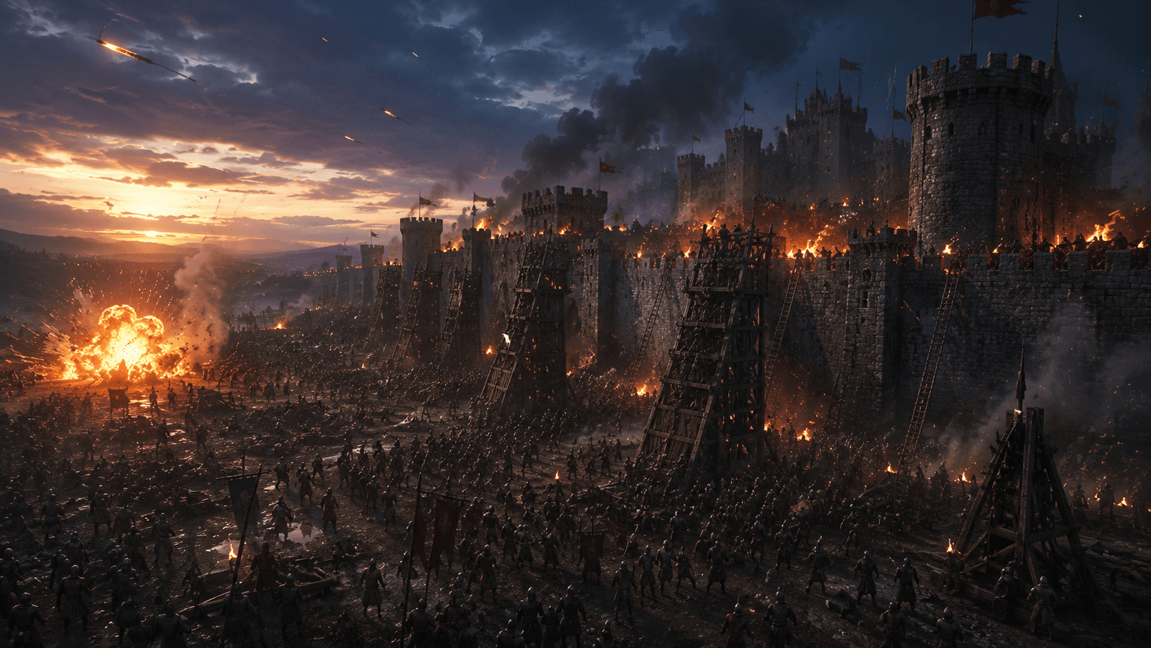 A vast castle siege at dusk, siege towers against enormous walls, hundreds of small figures on the field and fire catching along the battlements.