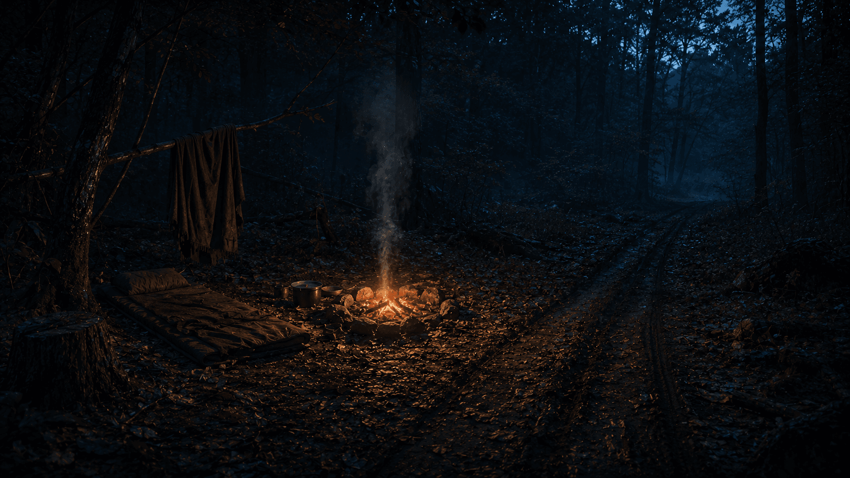 An abandoned forest camp at dusk, bedding still neatly laid out, embers glowing in the fire pit and drag marks leading away into the trees.