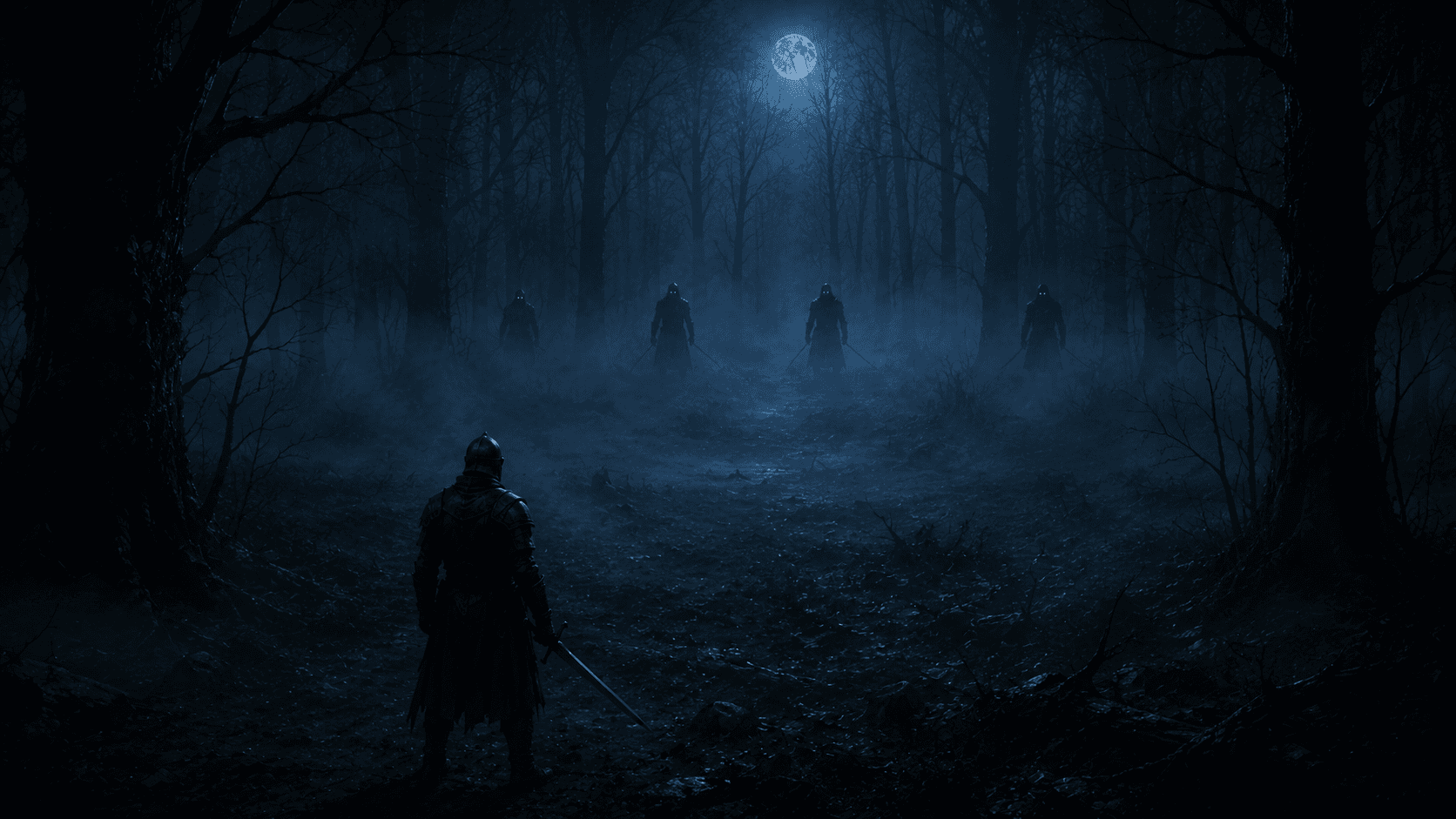 A lone armoured figure seen from behind at the edge of a misty clearing, facing several indistinct shapes among the trees.