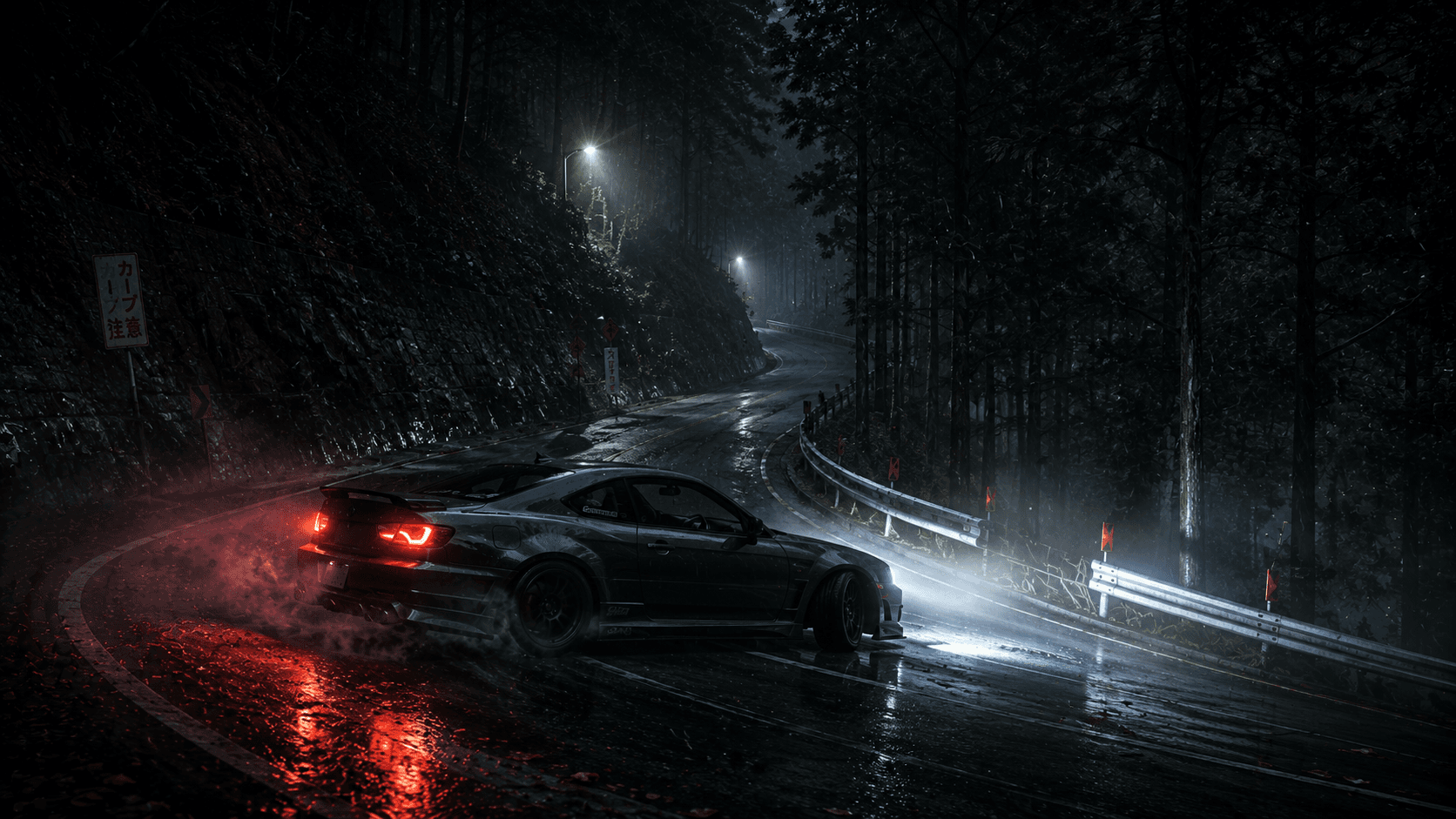 A narrow mountain switchback at night in the rain, a modified coupe sideways through a corner with headlights cutting through mist and forest either side.