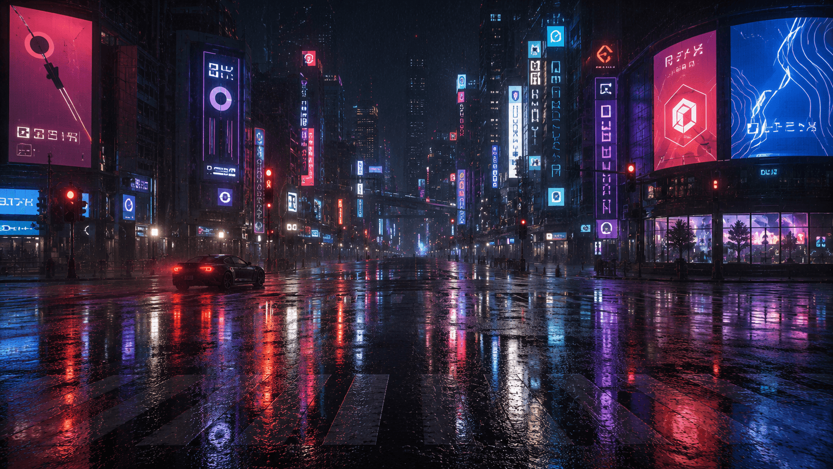 A wide neon-lit city crossing at night in the rain, reflections spread across the wet asphalt, with a low car waiting at the lights.