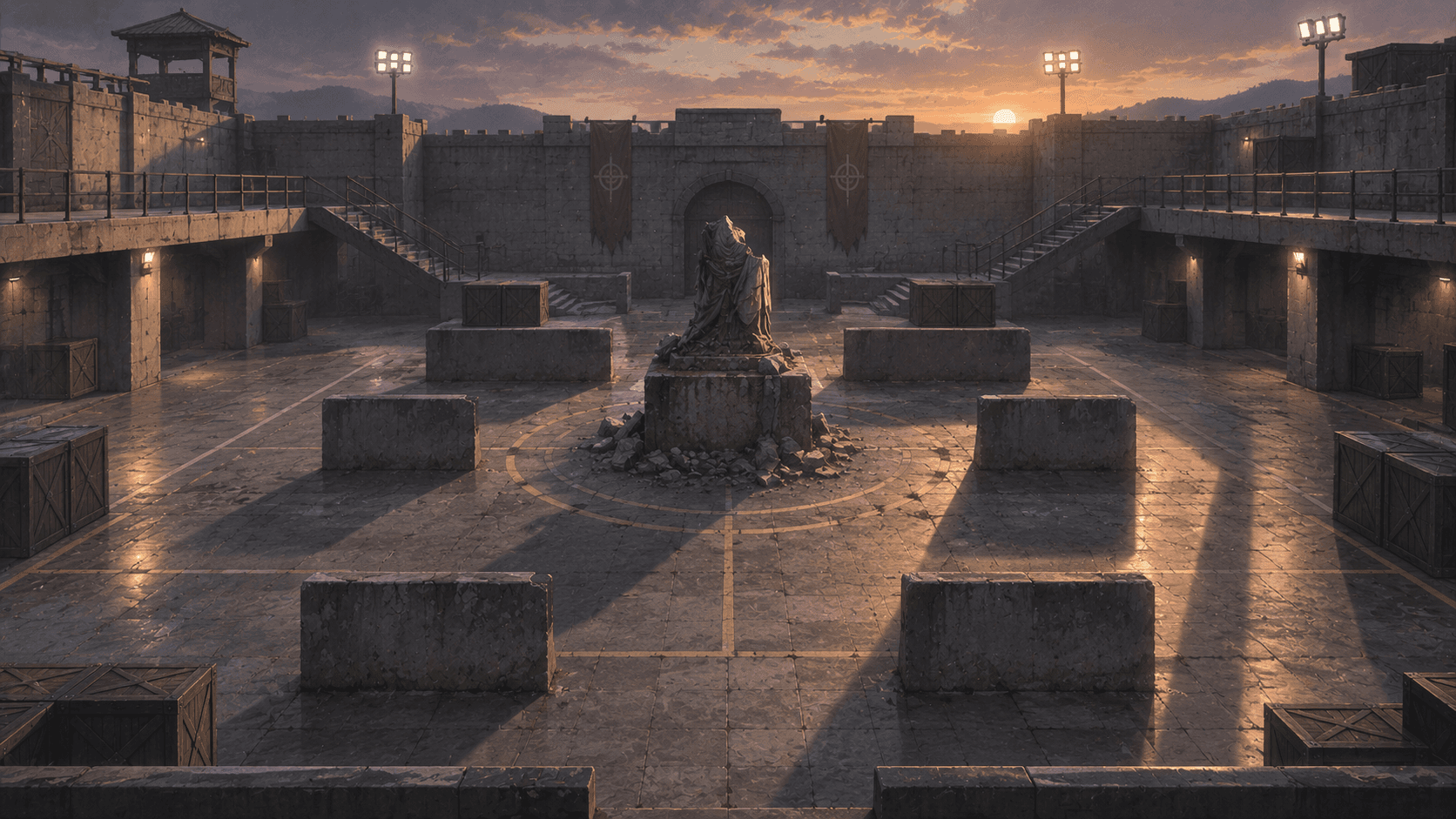 A small symmetrical multiplayer arena at dusk, low concrete cover blocks arranged across a courtyard, completely empty.