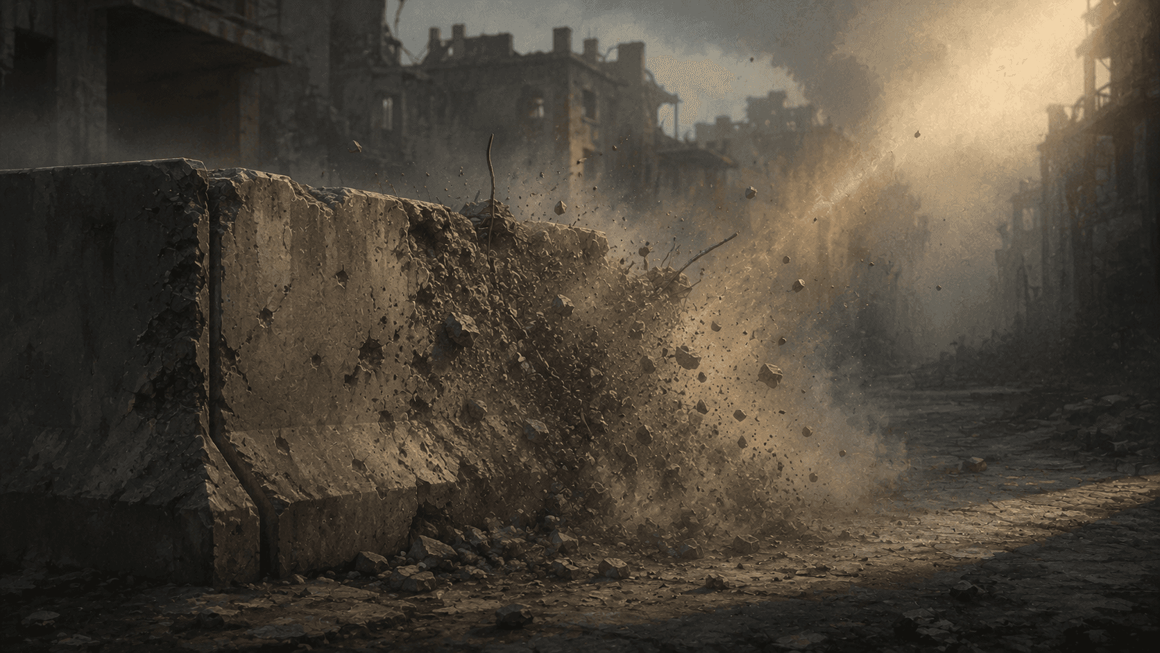 A concrete barrier eroding under sustained gunfire, chipping away in small fragments with dust hanging in the air around it.