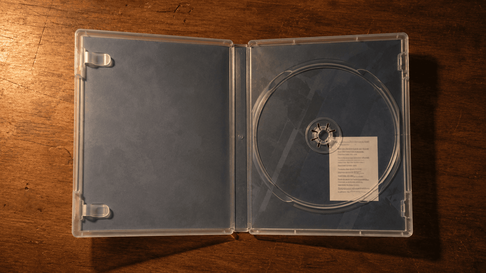 An open game case lying on a table, empty apart from a small printed slip of paper where the disc would sit.