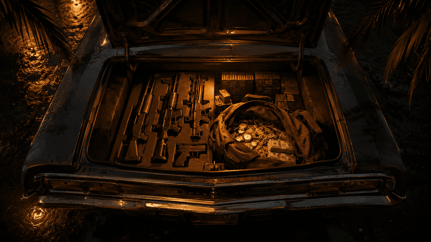 The open boot of a classic car at night, fitted out as a weapons locker with firearms racked inside and a bag of stolen goods beside them.