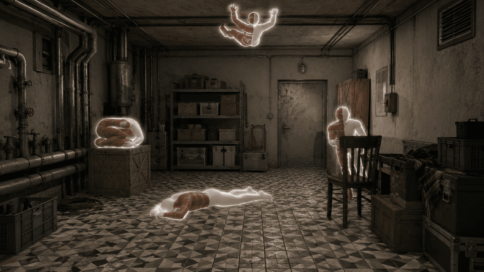 Several roughly painted figures glowing against the walls and floor of a cluttered room, revealed at the end of a round.