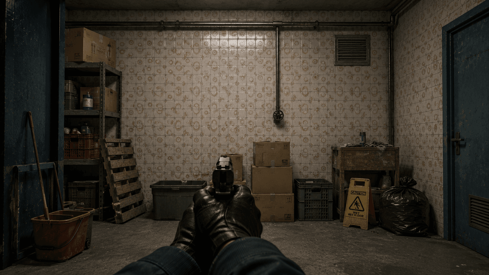 A first-person view down the barrel of a small gun, scanning a cluttered room full of pipes, crates and a wall of patterned tiles.