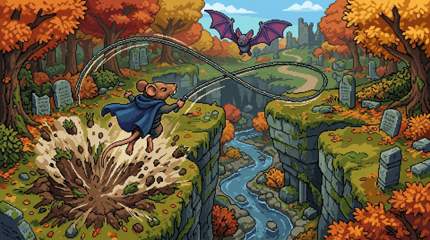 A pixel-art figure bursting up out of the ground mid-leap, soil scattering beneath, with a flying enemy above and a gap in the platforms below.