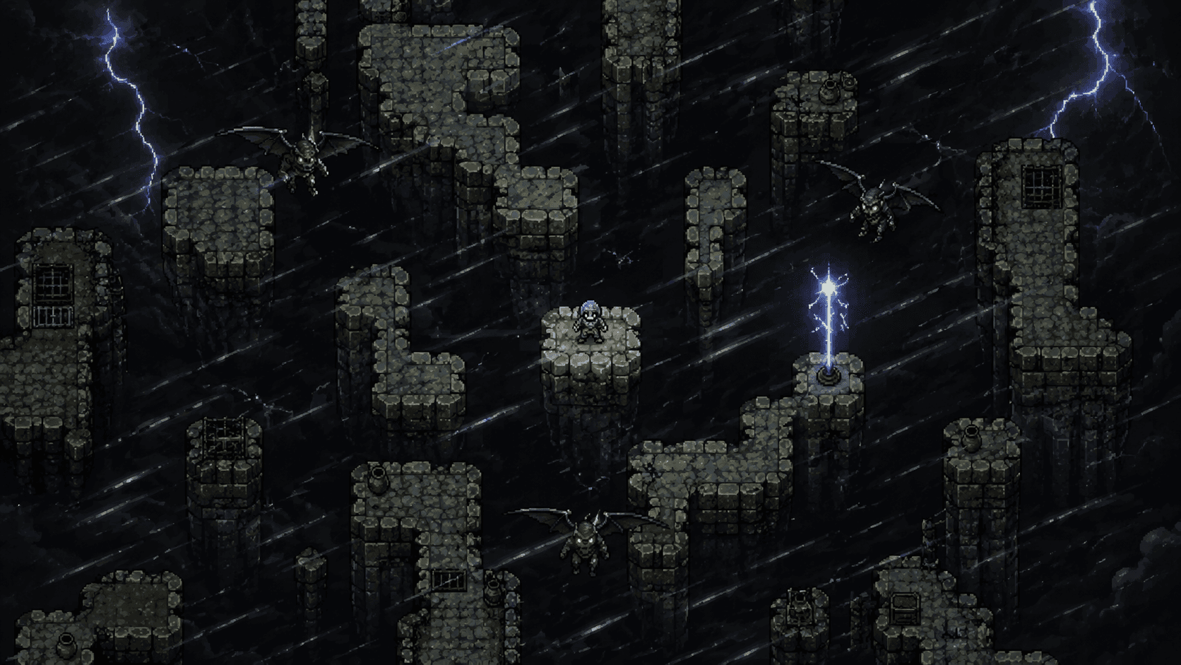 A pixel-art platforming screen crowded with narrow ledges over a dark pit, flying enemies converging from several directions and wind lines crossing the gaps.