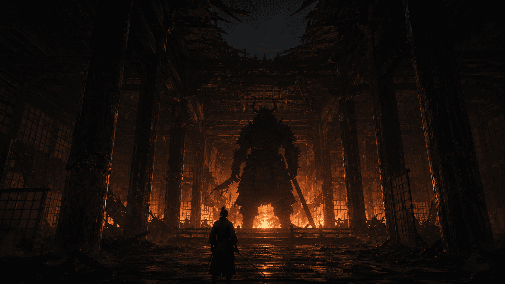 A vast armoured demon silhouetted against firelight in a ruined temple hall, dwarfing the small figure of a swordsman at the far end.
