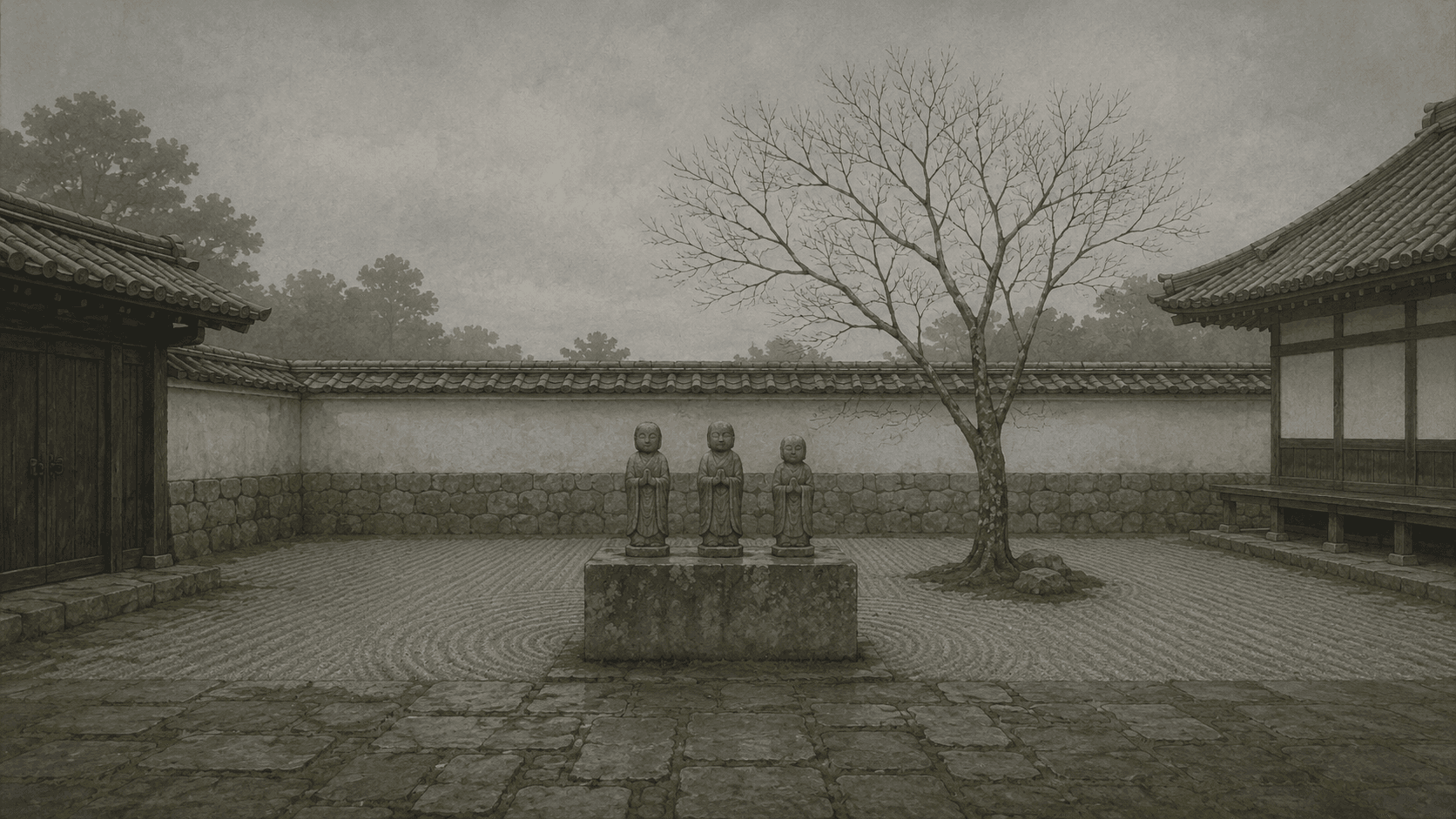 A quiet, empty temple courtyard in flat daylight, with three small weathered stone statues standing on a mossy plinth.