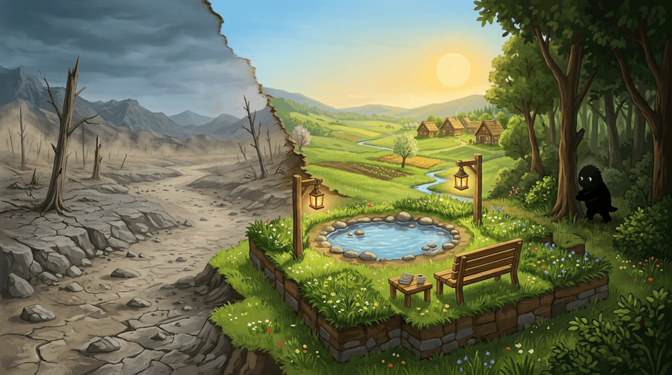 A half-built habitat of arranged grass patches, a small pond, lanterns and wooden furniture, with a curious creature approaching from the treeline.
