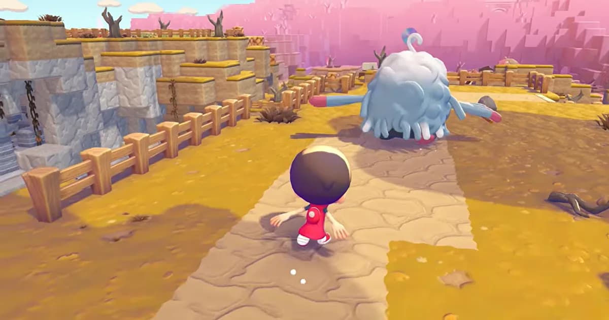 A player approaches a large Tangrowth on a dusty path bordered by fences and rocky cliffs.