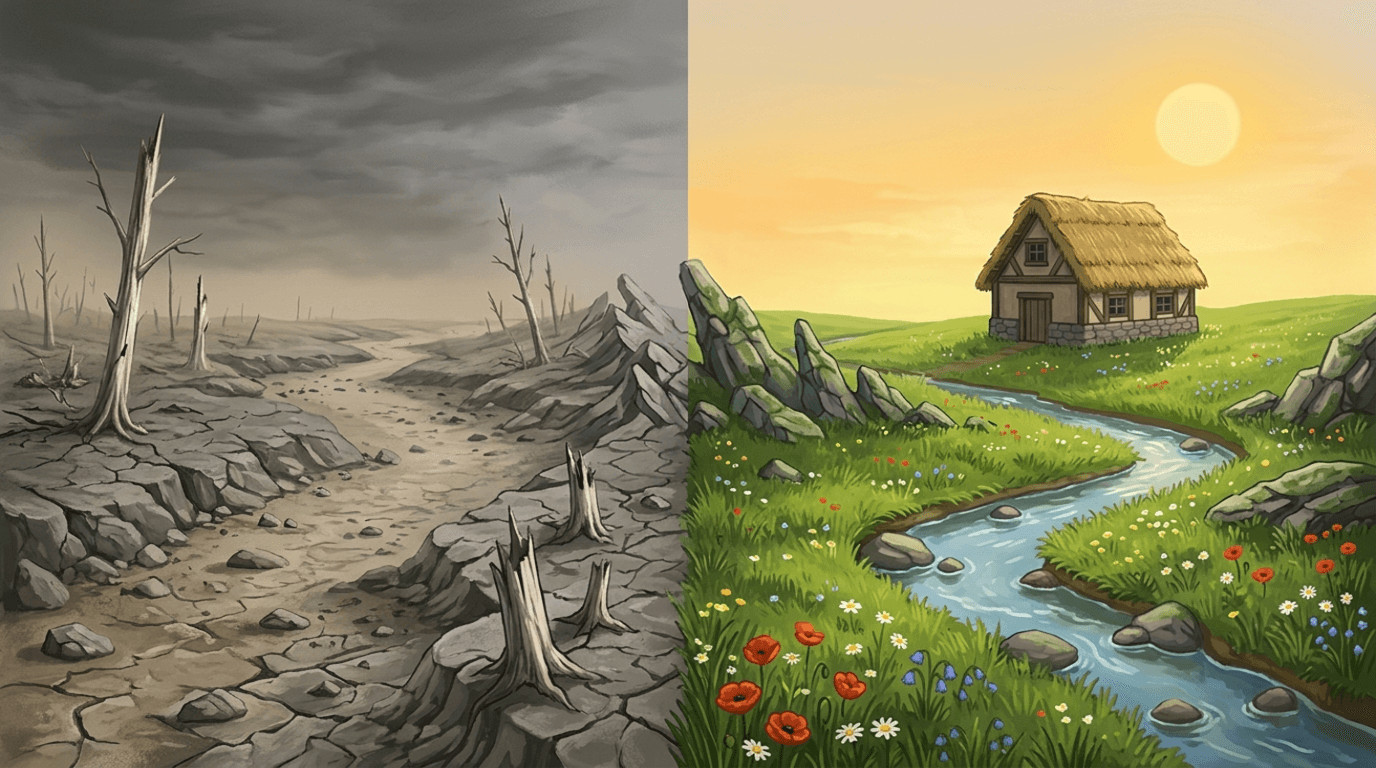 A wide landscape split down the middle, cracked grey rock and dead trees on one side, restored green meadow with a stream and small houses on the other.