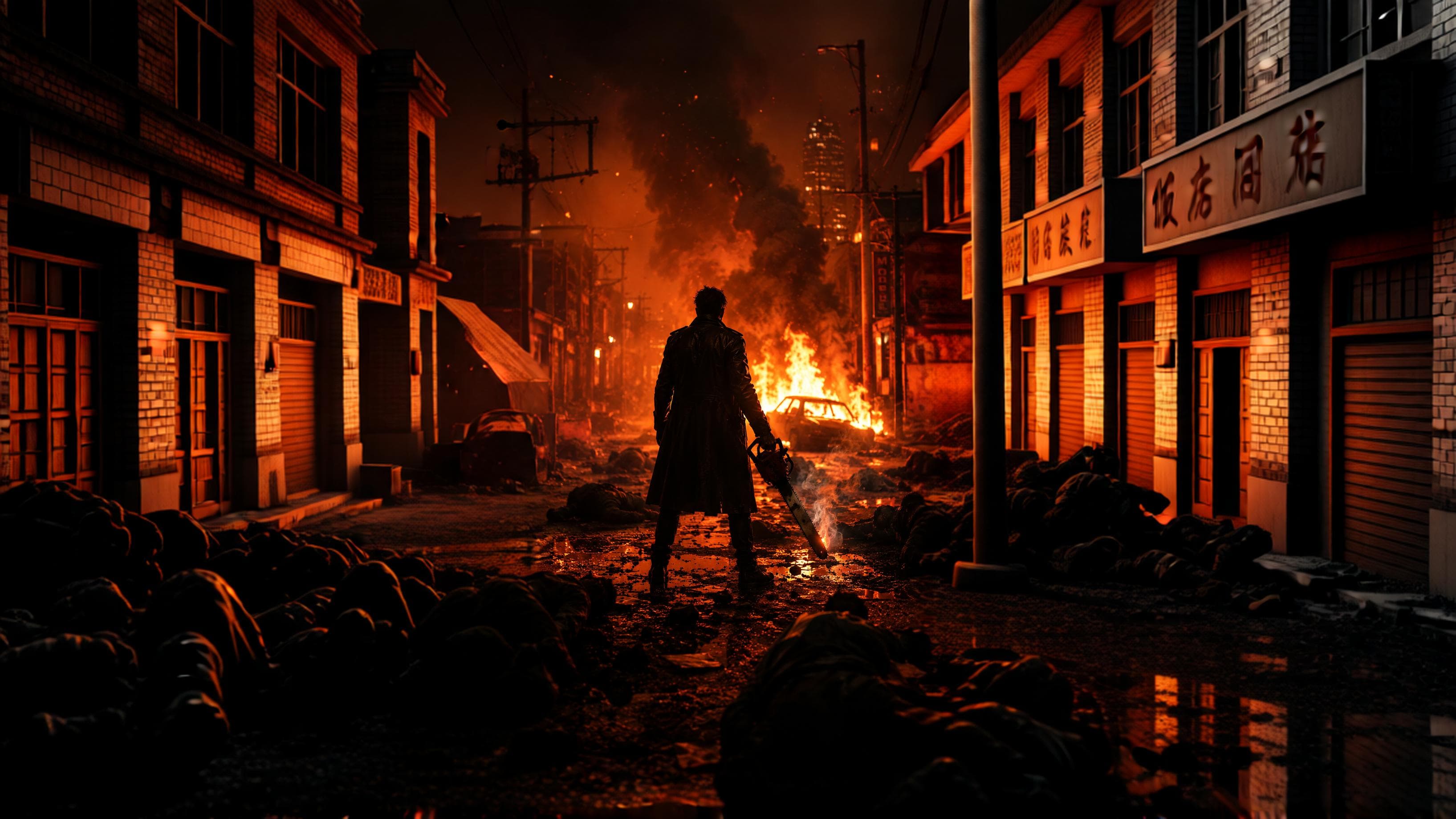A third-person view of a lone figure in a long coat standing in a burning street, holding a running chainsaw, surrounded by fallen shapes.