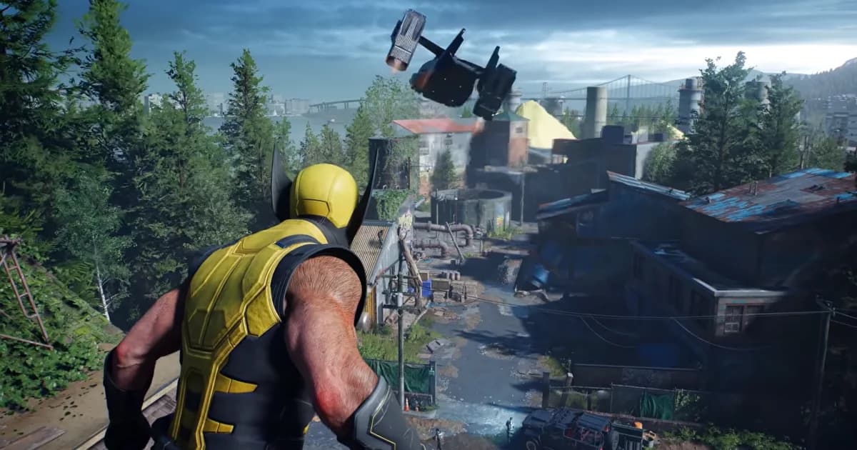 Wolverine overlooks an industrial complex from a rooftop as explosions erupt across the facility.