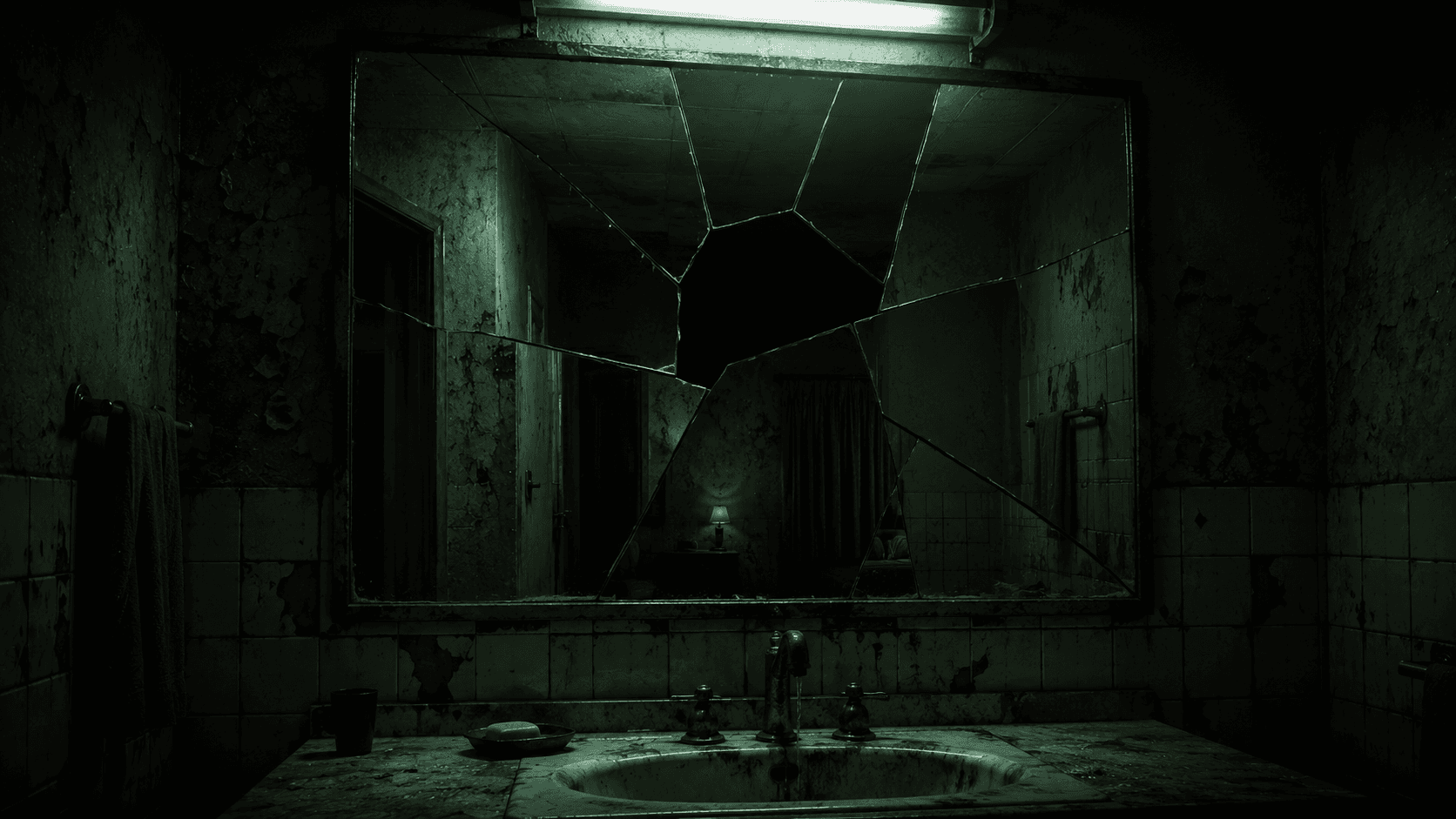 A cracked mirror above a motel sink, its fragments reflecting the same dim room slightly out of alignment, with one shard showing nothing at all.