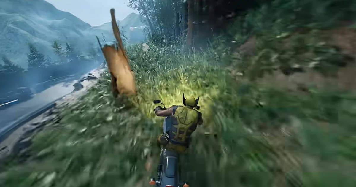 Wolverine rides a motorcycle at high speed through the Canadian wilderness during a traversal sequence.